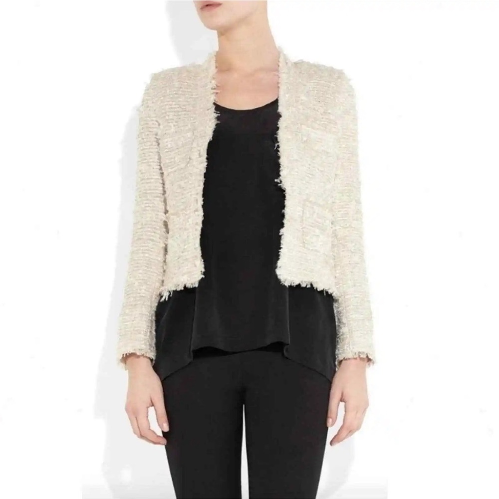 L’AGENCE Cream Raw Hem Fringe Tweed Open Blazer Jacket Sz 8